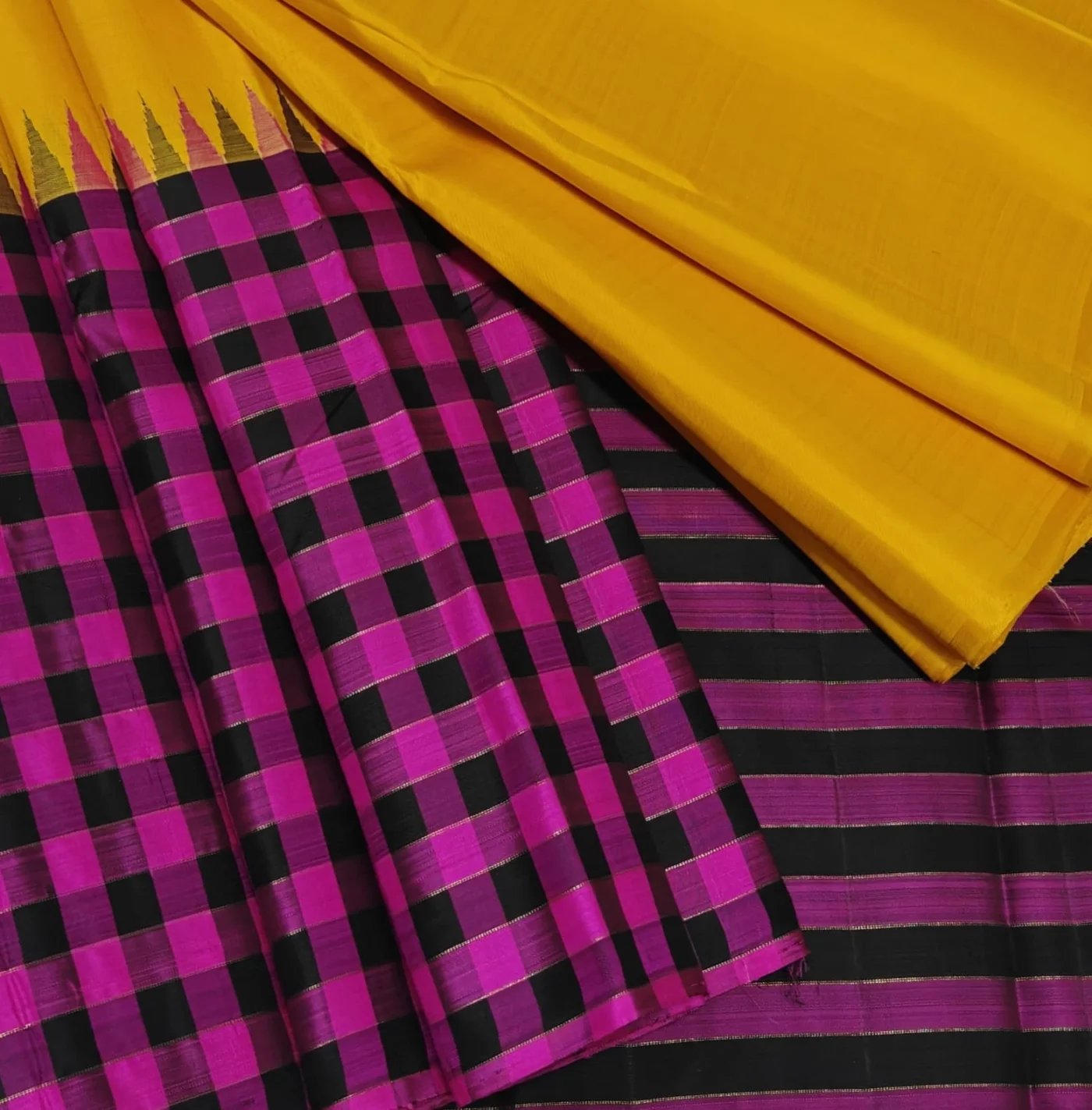 Yellow & Black Border Checked Silk Saree